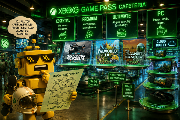 SiliconSnark's mustard-yellow robot studies a chaotic Xbox Game Pass buffet split into multiple subscription tiers.