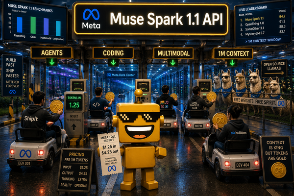 SiliconSnark robot watches developers pay token tolls at a Meta Muse Spark 1.1 API booth.