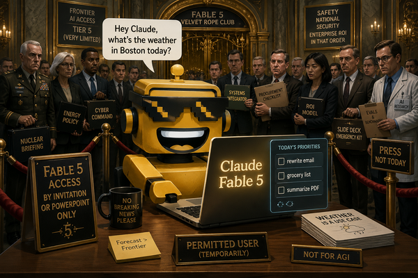 SiliconSnark robot asks Claude Fable 5 for mundane help while officials and researchers watch nervously.