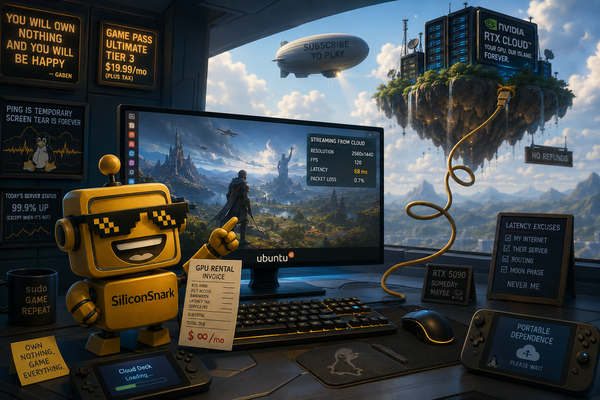 SiliconSnark robot examines a Linux gaming monitor streaming from a cloud server while holding a GPU rental invoice.