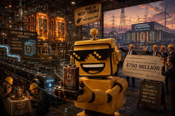 SiliconSnark robot inspects iron-air batteries in a West Virginia factory beside an AI data center.