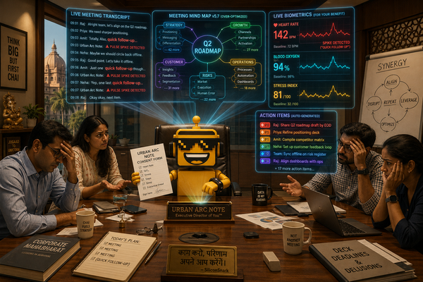 SiliconSnark’s robot wears an ARC NOTE band as meeting notes, a mind map, and health graphs float above a conference table.