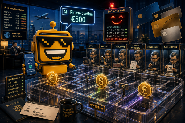  SiliconSnark robot routes euro, dollar, and pound coins through a cross-border payment maze.