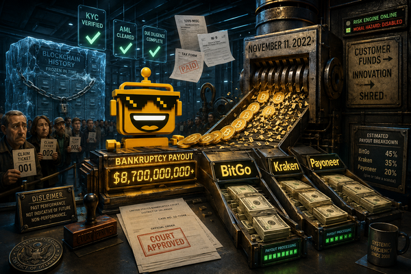  SiliconSnark robot directs a $900 million FTX creditor payout through crypto bankruptcy paperwork and payment lanes.