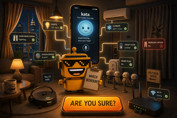 SiliconSnark robot supervises a smart apartment while an AI assistant controls lights and curtains.