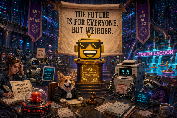 SiliconSnark’s robot presents an absurd AI manifesto beside a red button and a handcuffed printer.