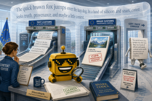 SiliconSnark robot inspects invisible AI text watermarks and a C2PA provenance passport in a newsroom.