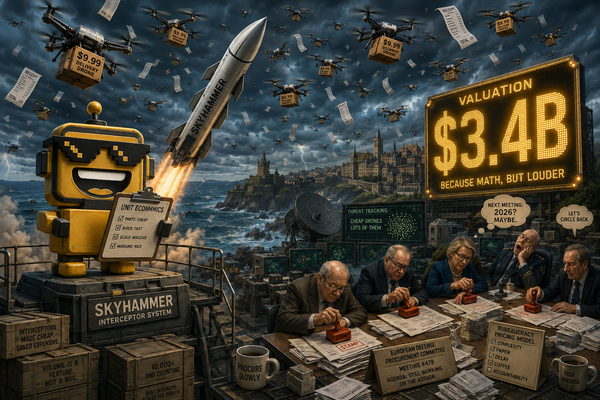 SiliconSnark robot watches an interceptor rise toward drones above a valuation ticker and procurement paperwork.