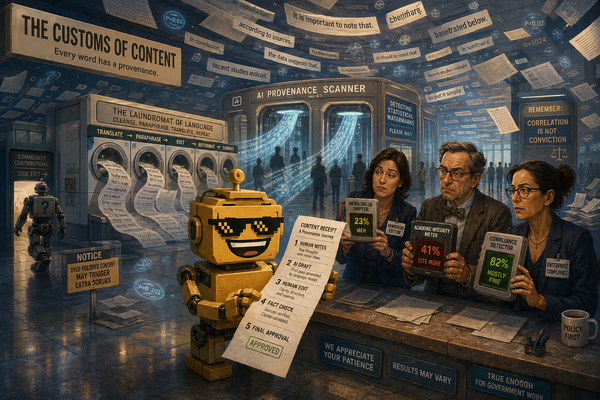 SiliconSnark robot inspects a receipt tracing human edits and invisible watermarks through an AI text customs hall.