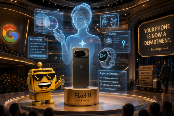 SiliconSnark robot watches a Pixel 11 demo surrounded by Gemini features and a lost-key tracker.