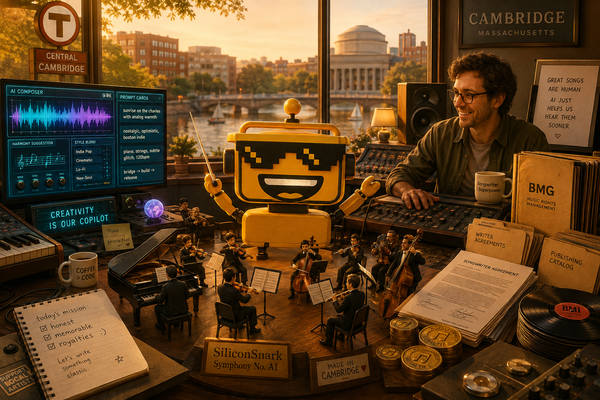 SiliconSnark robot conducts an AI music orchestra in a Cambridge studio surrounded by contracts and vinyl records.