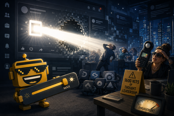 SiliconSnark’s robot shields its eyes from a company logo blasting an HDR beam across a LinkedIn-style feed.