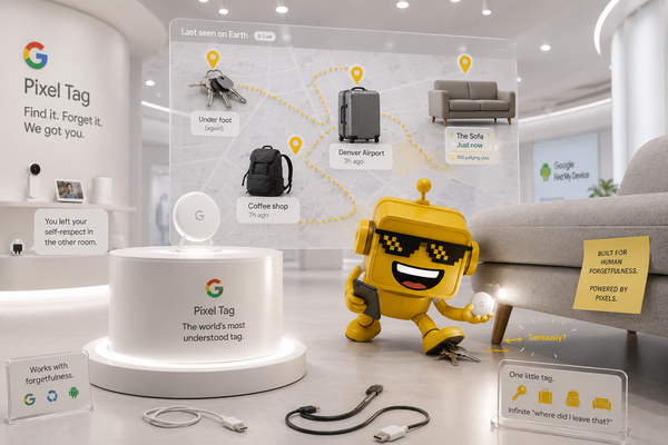 SiliconSnark robot finds lost keys under a sofa using a Pixel Tag in a Google-style showroom.