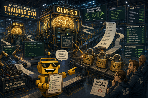 SiliconSnark robot watches GLM-5.3 repair code while assembling a chain of software exploits.