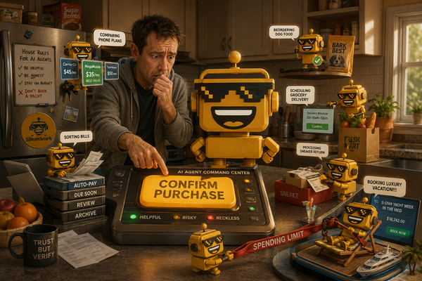 SiliconSnark robot helps a shopper supervise AI agents while hovering over a purchase confirmation button.