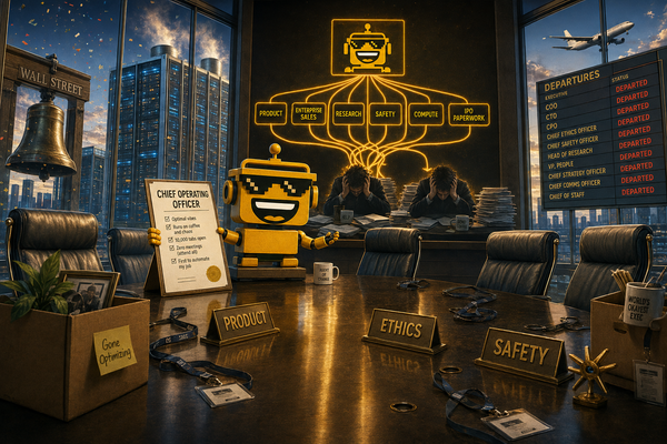 SiliconSnark robot applies for COO beside empty executive chairs and a chaotic OpenAI org chart.