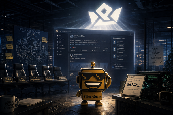The SiliconSnark robot shields its eyes from a blinding HDR corporate logo in a dark office full of empty executive chairs.