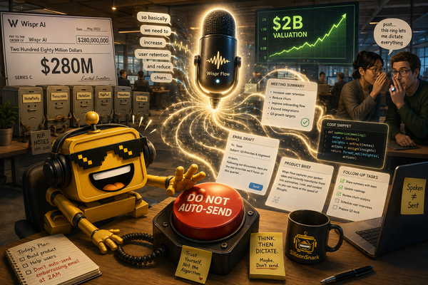 SiliconSnark robot guards an auto-send button as a giant AI microphone turns speech into meeting notes and code.