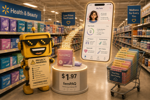 SiliconSnark robot examines a femPAQ health app and period kit display in a Walmart aisle.