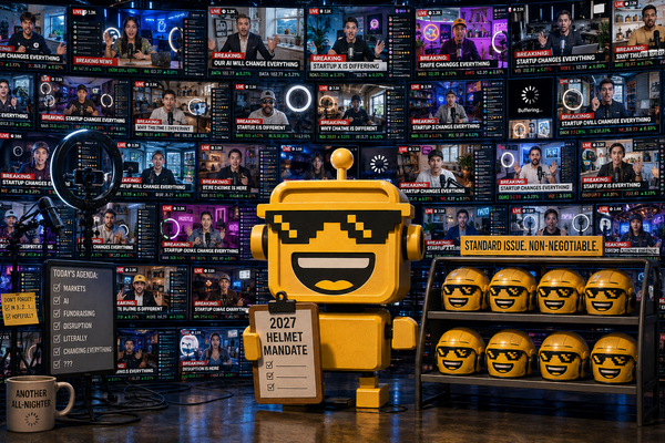 SiliconSnark robot organizes helmets beside a wall of chaotic amateur tech livestreams.