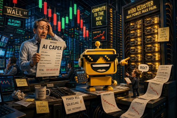 SiliconSnark robot examines an AI infrastructure invoice on a chaotic stock-market trading floor.