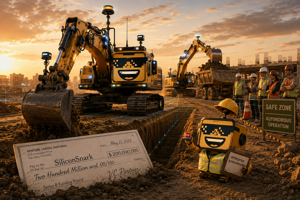SiliconSnark robot watches an autonomous excavator dig a trench at a construction site.