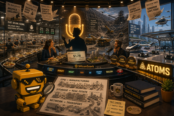 SiliconSnark robot fact-checks a podcast studio transforming from ghost kitchen to mine and vertiport.