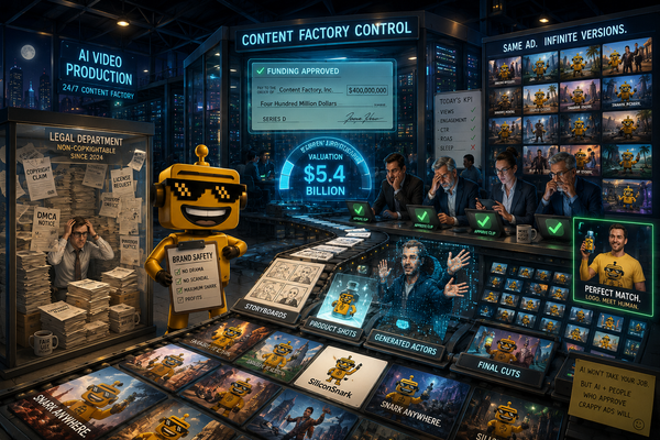 SiliconSnark robot oversees a surreal AI-video factory filled with ads, servers, and copyright paperwork.