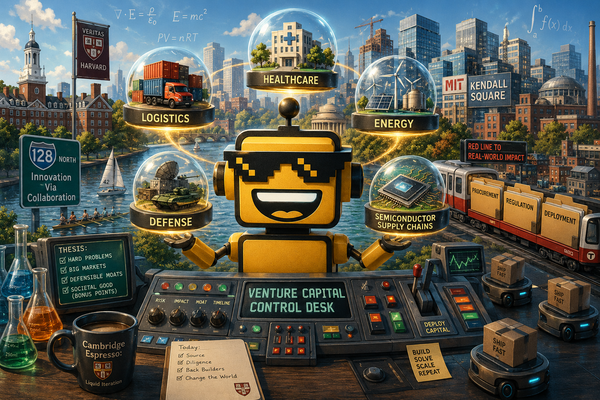 SiliconSnark robot reviews complex startup sectors above Cambridge and the Charles River.