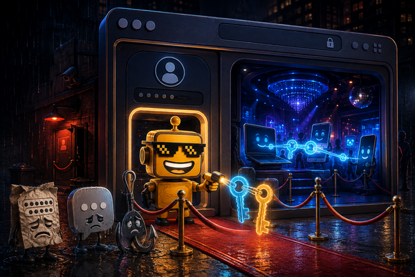 SiliconSnark robot guards a passkey nightclub while passwords and phishing hooks wait outside.