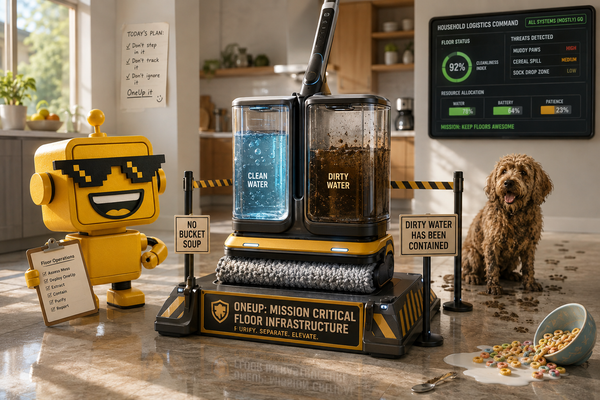 SiliconSnark robot inspects a Philips OneUp mop separating clean and dirty water in a bright kitchen.