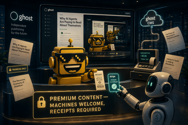 SiliconSnark robot sells a premium Ghost article to an AI agent holding a payment token.