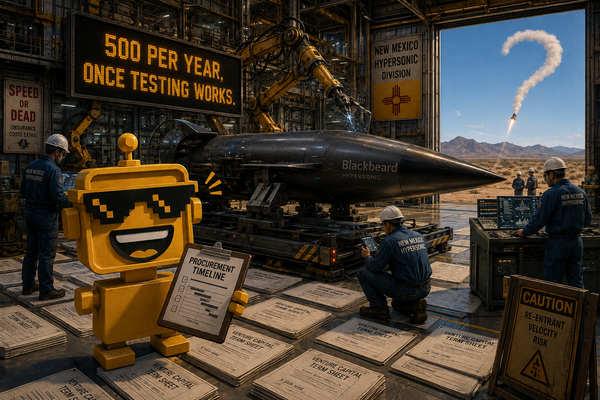  SiliconSnark robot reacts inside a factory assembling hypersonic missiles beside a “500 per year” sign.
