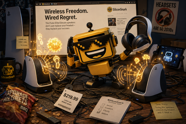 SiliconSnark robot reacts to PlayStation Pulse Elevate speakers beside a PS5 gaming desk.