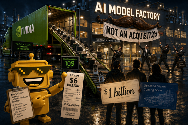 SiliconSnark robot watches NVIDIA load staff and AI systems from a factory beneath a “Not an Acquisition” banner.