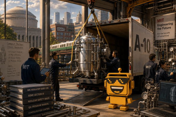 SiliconSnark robot watches a compact Apollo Atomics reactor system loaded onto a truck in Cambridge.