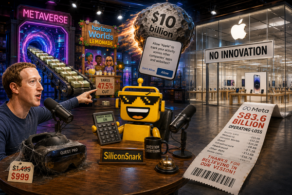 SiliconSnark robot audits Zuckerberg’s Apple critique beside a metaverse money furnace.