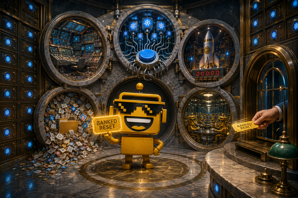 SiliconSnark robot considers five absurd projects inside a vault holding one glowing Codex reset.