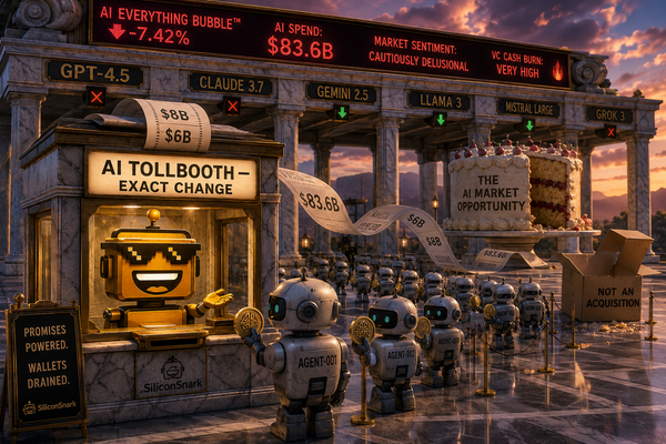 The SiliconSnark robot staffs an AI tollbooth as agent robots line up to pay, beneath a giant receipt and a red stock ticker.