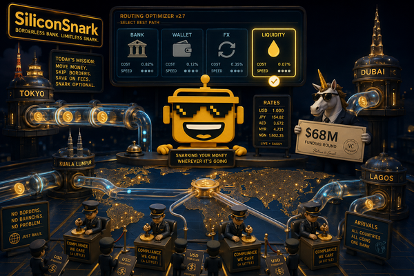 SiliconSnark robot routes stablecoins through banks and border checkpoints on a world map.