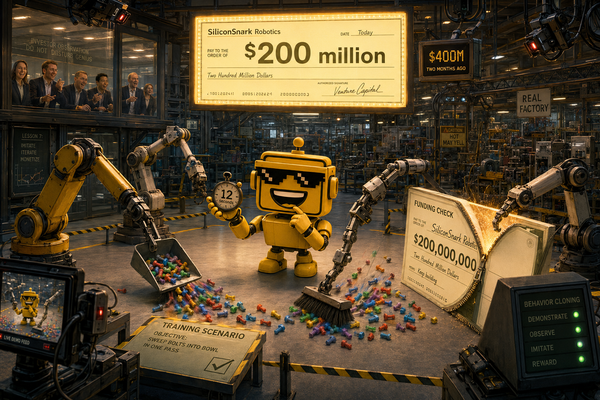 SiliconSnark’s mustard-yellow robot watches robot arms learn a task beside a glowing $200 million funding check.