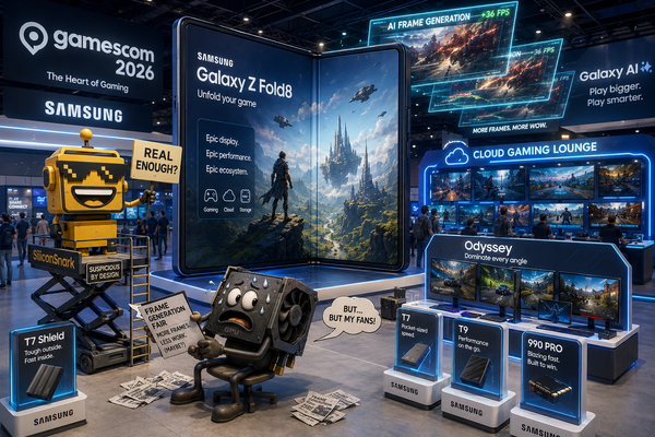 SiliconSnark robot questions AI-generated frames beside an unfolded gaming phone at a trade show.