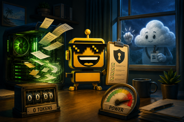 SiliconSnark robot guards a local AI computer while a cloud asks permission to enter.