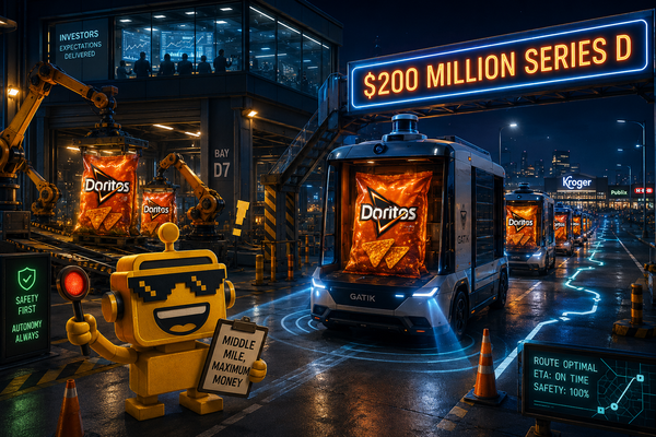 SiliconSnark’s mustard-yellow robot directs driverless box trucks carrying snacks beneath a $200 million funding sign.