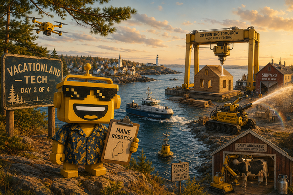 SiliconSnark robot surveys Maine machines printing a house, piloting a boat, fighting fire, milking a cow and mapping a forest.