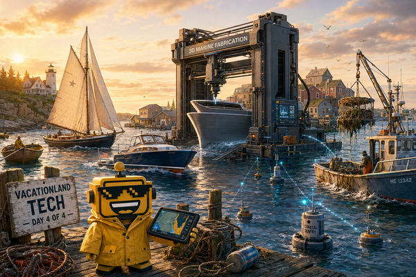 SiliconSnark robot surveys Maine marine technology from wooden workboats to a 3D-printed hull, acoustic lobster gear and ocean sensors.