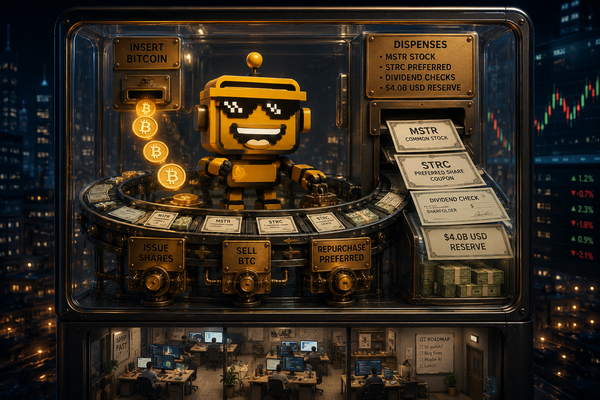 SiliconSnark robot feeds bitcoin into a machine that dispenses stock, dividends, and cash reserves.