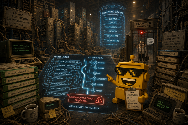 SiliconSnark robot maps tangled enterprise systems while a tiny AI agent waits behind a permission gate.