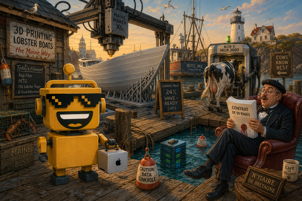 SiliconSnark robot on a Maine dock surrounded by a Mac mini, a printed boat, a self-milking cow, a sinking server rack and a notary reading a contract aloud.