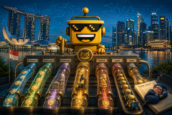 SiliconSnark robot routes Singapore fintech funding through six pipes beside Marina Bay.